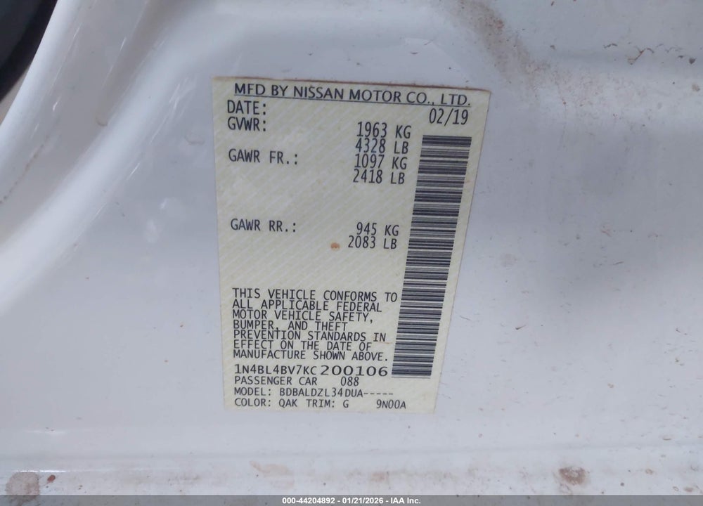 2019 NISSAN ALTIMA 2.5 S VIN: 1N4BL4BV7KC200106