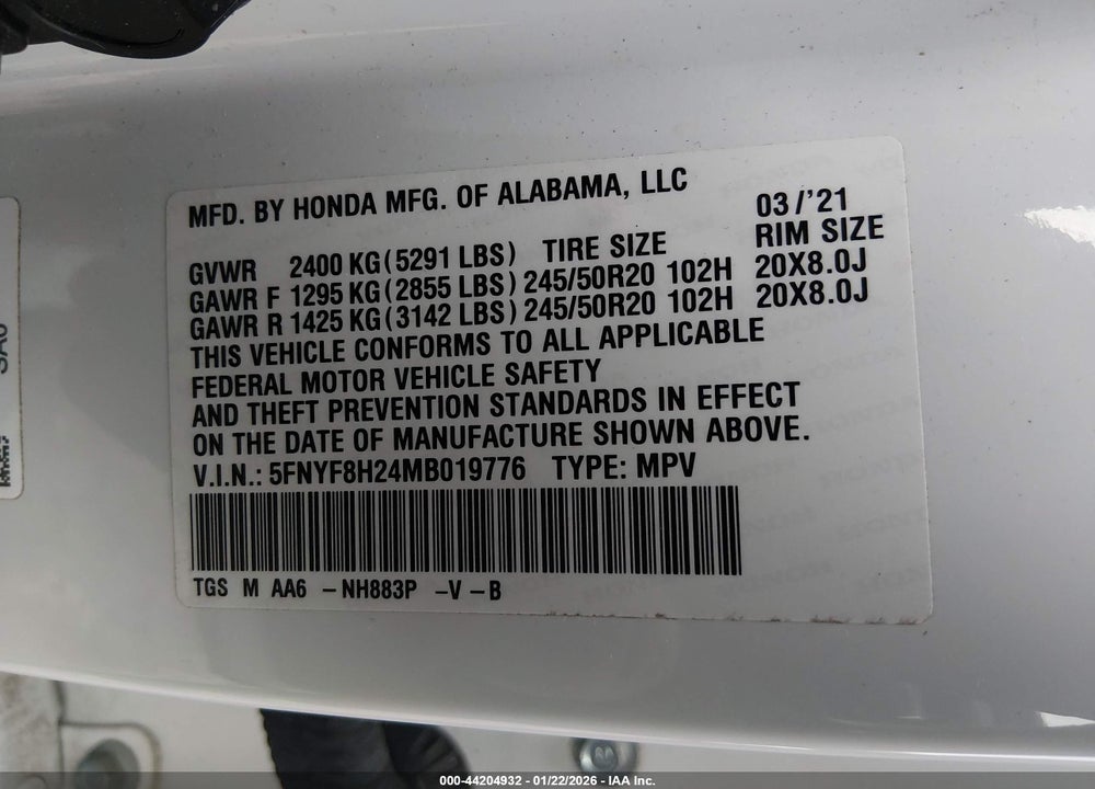 2021 HONDA PASSPORT AWD SPORT VIN: 5FNYF8H24MB019776