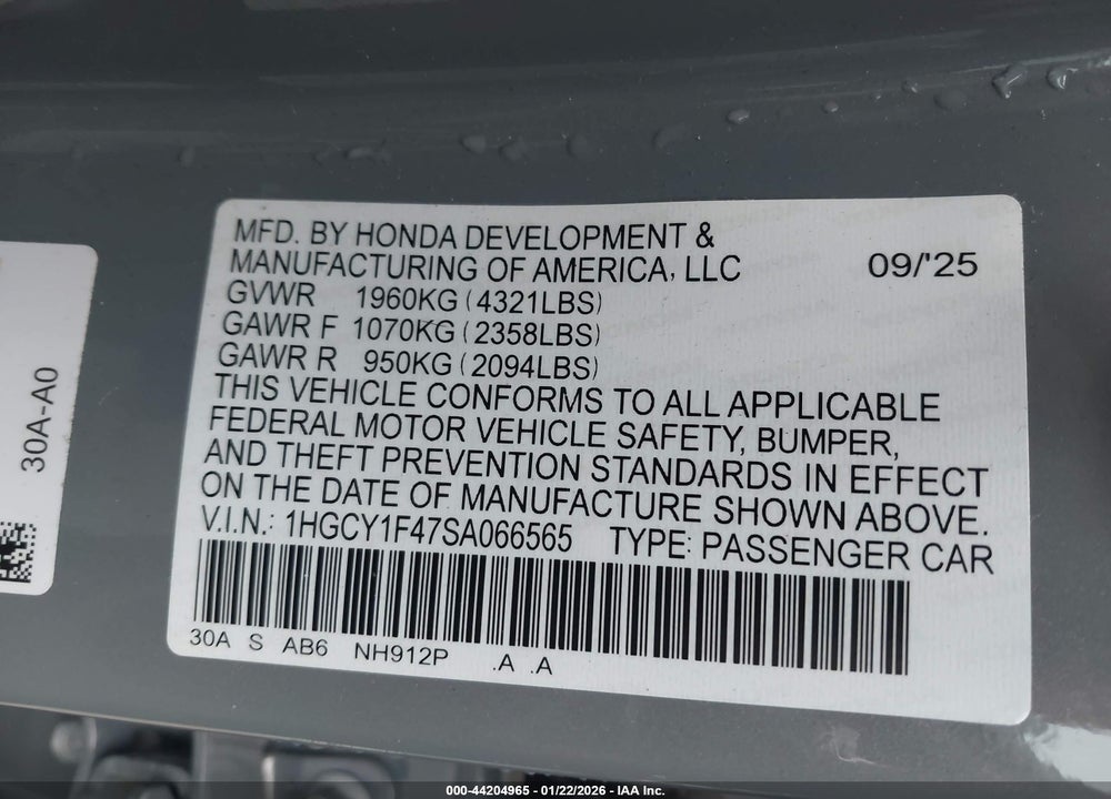 2025 HONDA ACCORD SE VIN: 1HGCY1F47SA066565