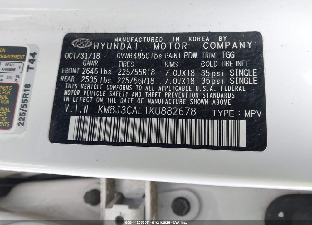2019 HYUNDAI TUCSON SEL VIN: KM8J3CAL1KU882678