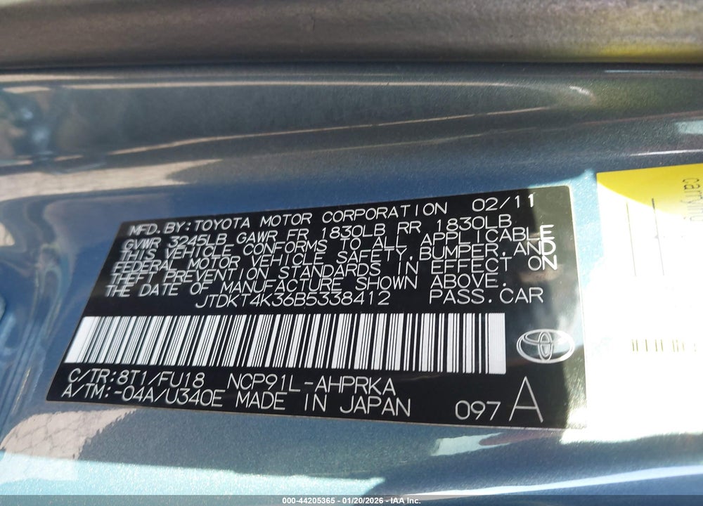 2011 TOYOTA YARIS VIN: JTDKT4K36B5338412