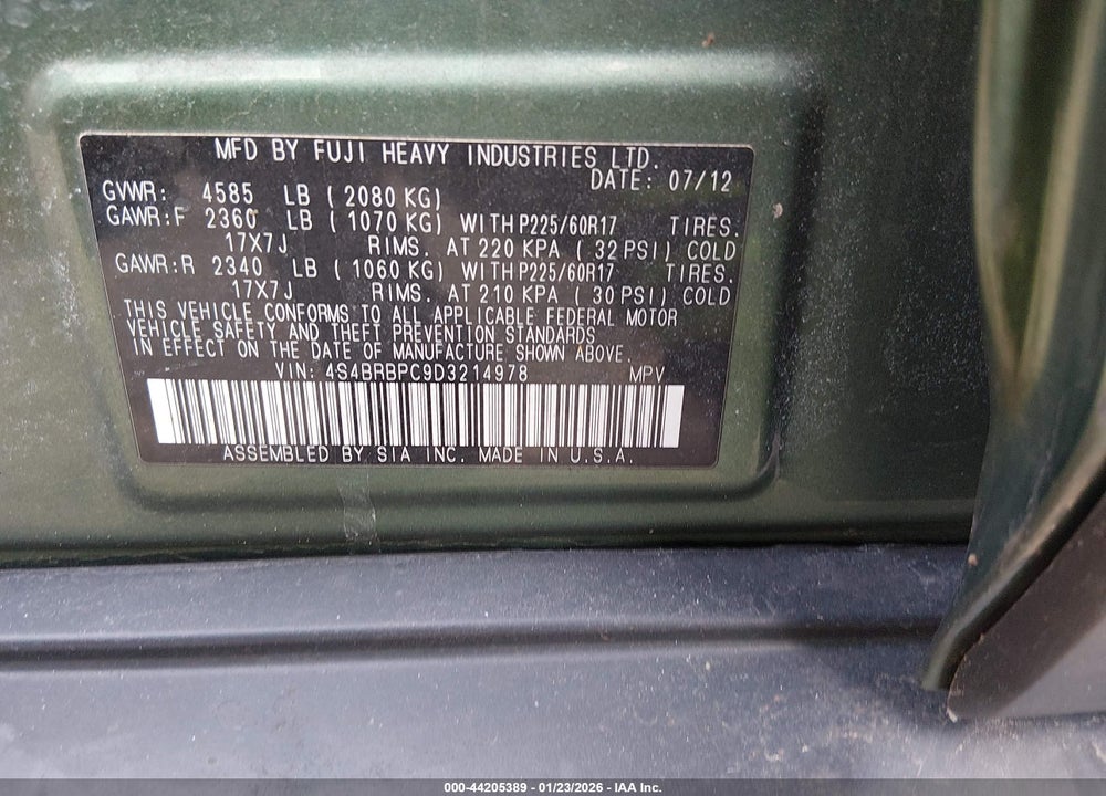 2013 SUBARU OUTBACK 2.5I LIMITED VIN: 4S4BRBPC9D3214978