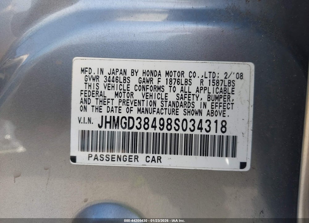 2008 HONDA FIT VIN: JHMGD38498S034318