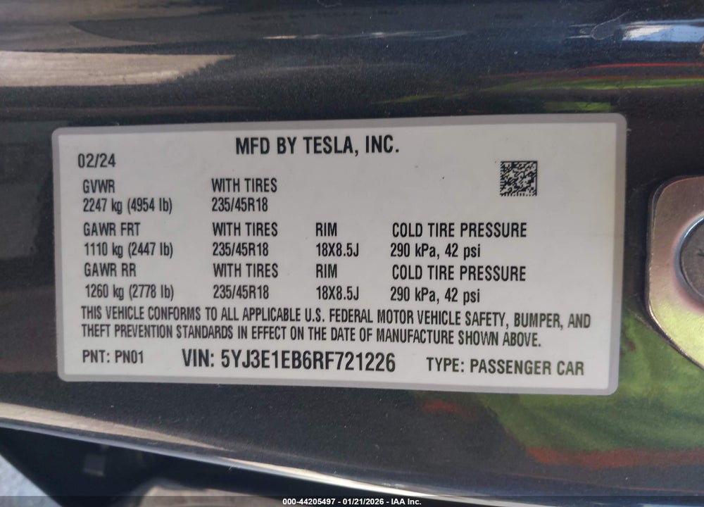 2024 TESLA MODEL 3 LONG RANGE DUAL MOTOR ALL-WHEEL DRIVE VIN: 5YJ3E1EB6RF721226