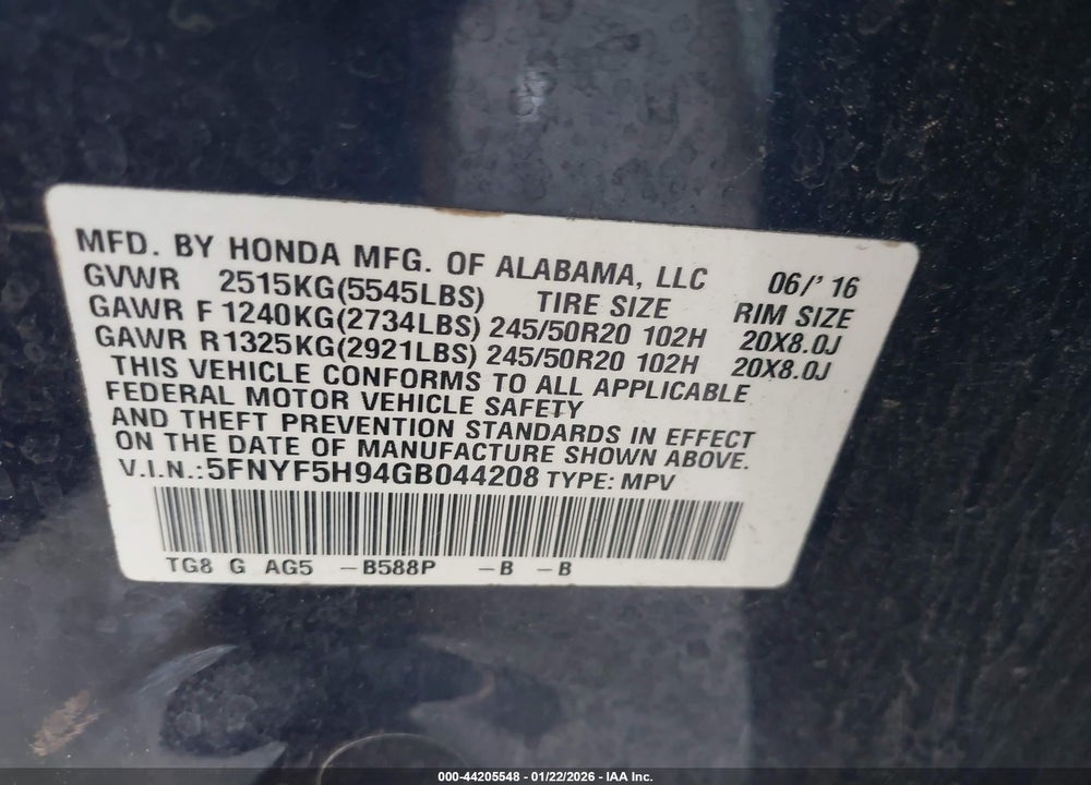2016 HONDA PILOT TOURING VIN: 5FNYF5H94GB044208