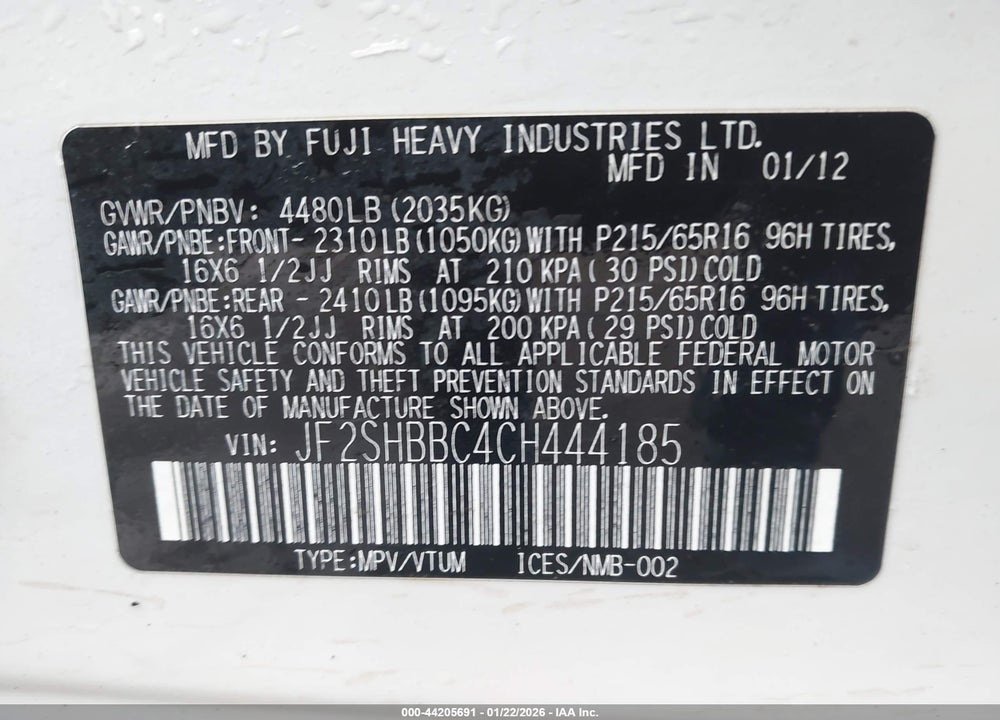 2012 SUBARU FORESTER 2.5X VIN: JF2SHBBC4CH444185