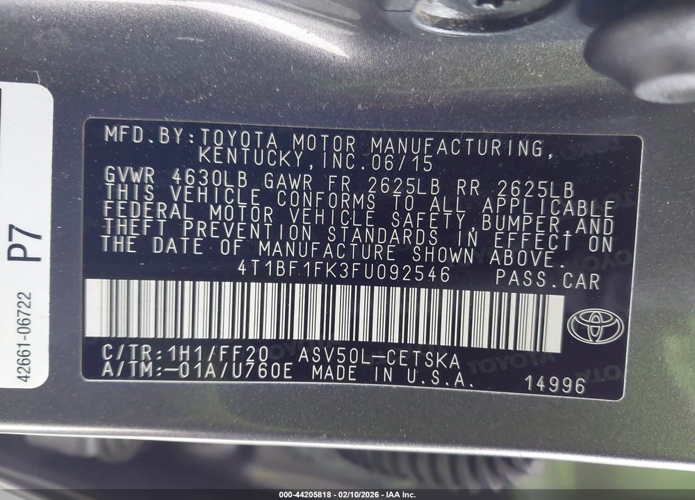 2015 TOYOTA CAMRY SE VIN: 4T1BF1FK3FU092546