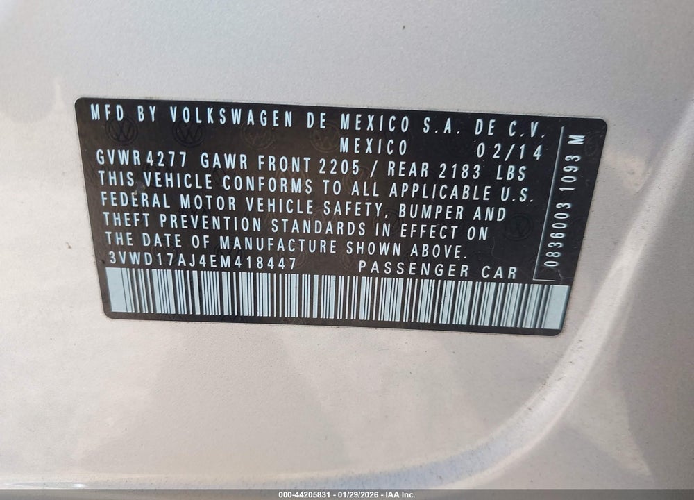 2014 VOLKSWAGEN JETTA 1.8T SE VIN: 3VWD17AJ4EM418447