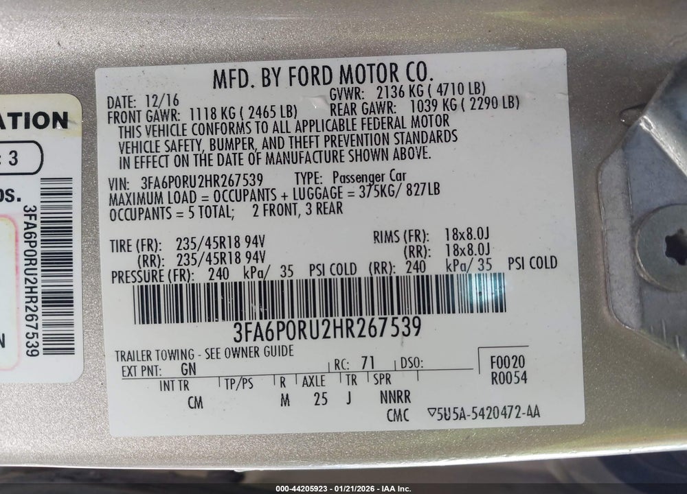 2017 FORD FUSION HYBRID TITANIUM VIN: 3FA6P0RU2HR267539