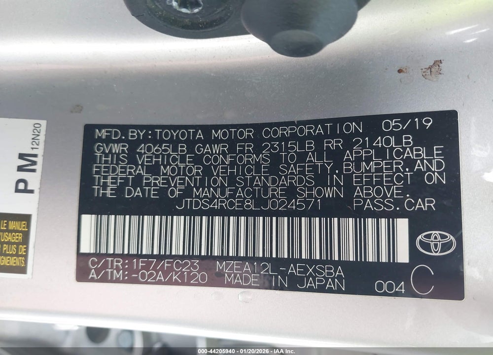 2020 TOYOTA COROLLA SE VIN: JTDS4RCE8LJ024571