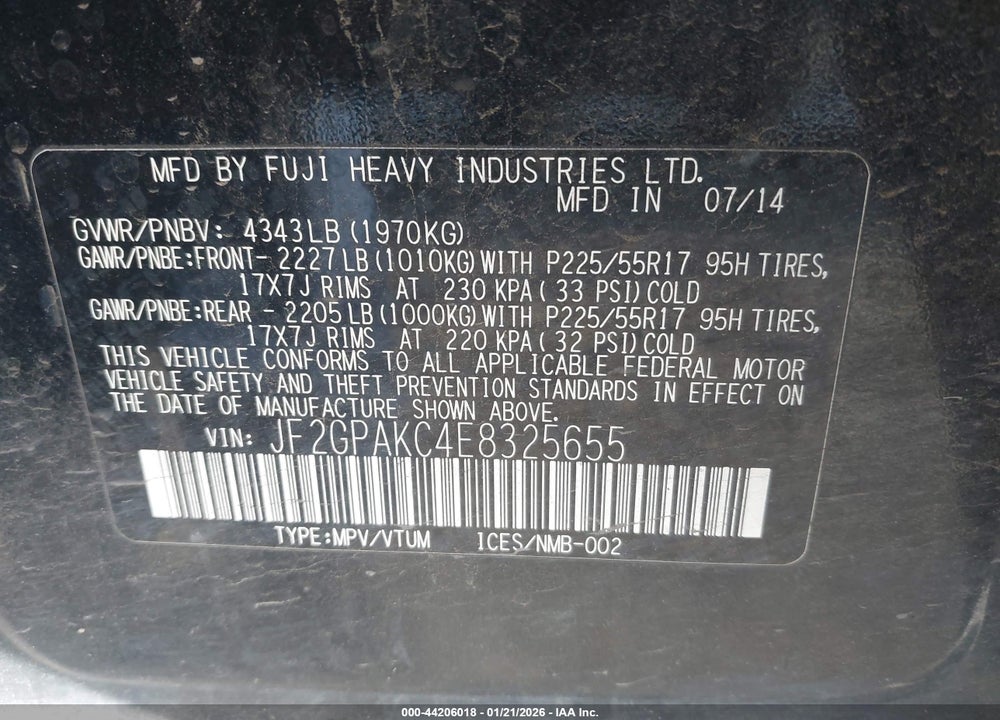 2014 SUBARU XV CROSSTREK 2.0I LIMITED VIN: JF2GPAKC4E8325655