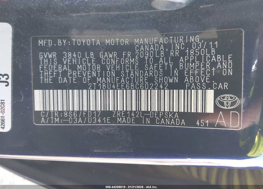 2011 TOYOTA COROLLA S VIN: 2T1BU4EE6BC602242