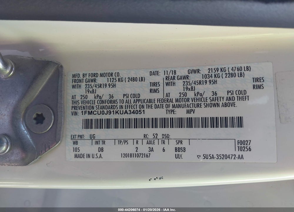 2019 FORD ESCAPE TITANIUM VIN: 1FMCU0J91KUA34051