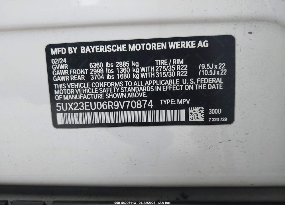 2024 BMW X5 XDRIVE40I VIN: 5UX23EU06R9V70874