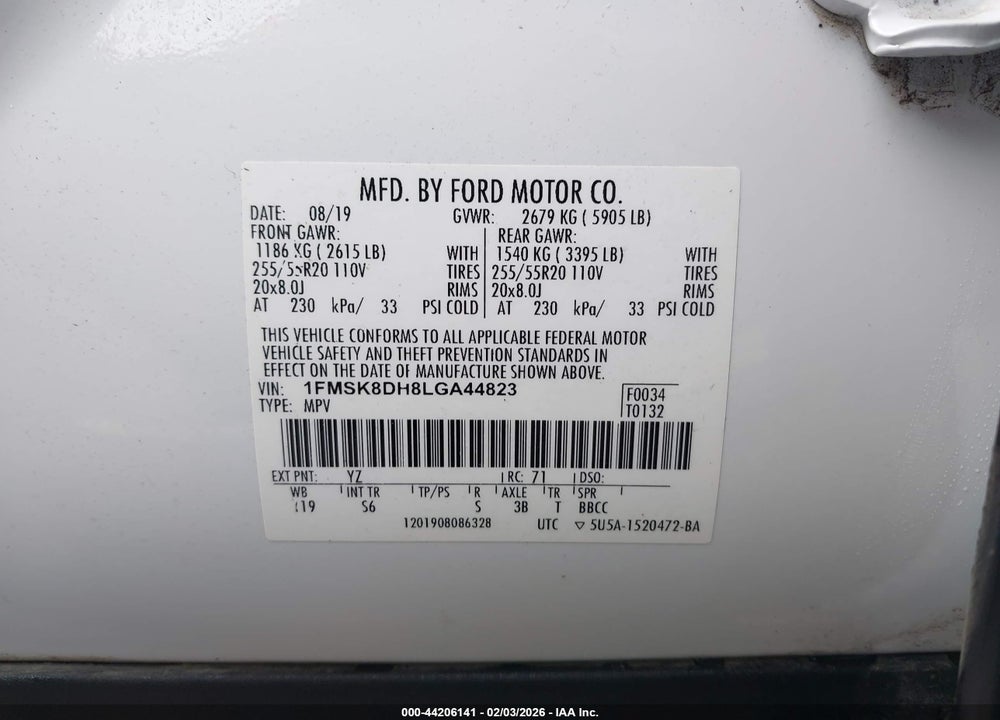2020 FORD EXPLORER XLT VIN: 1FMSK8DH8LGA44823