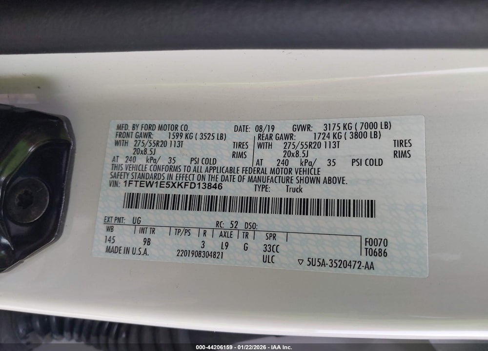 2019 FORD F-150 PLATINUM VIN: 1FTEW1E5XKFD13846