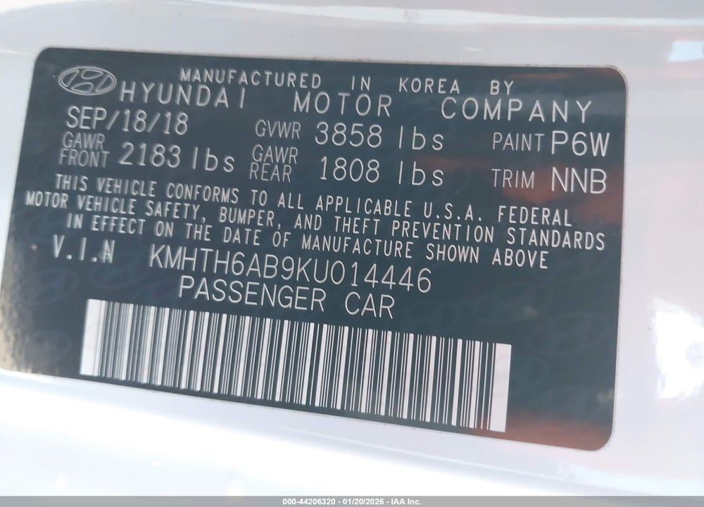 2019 HYUNDAI VELOSTER TURBO VIN: KMHTH6AB9KU014446