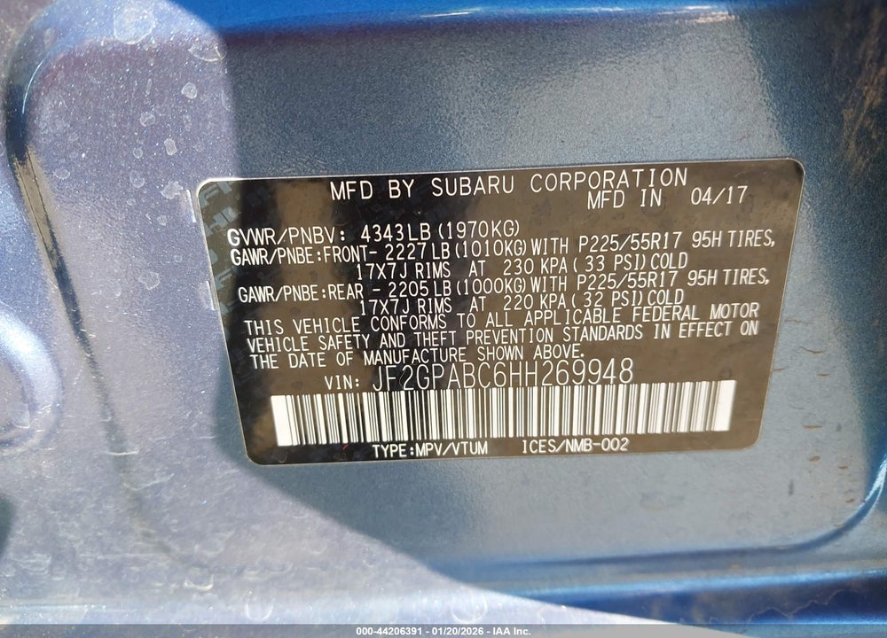 2017 SUBARU CROSSTREK 2.0I PREMIUM VIN: JF2GPABC6HH269948