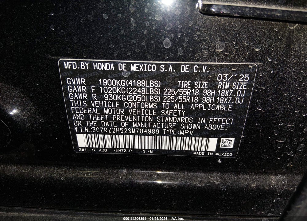 2025 HONDA HR-V AWD SPORT VIN: 3CZRZ2H52SM784989