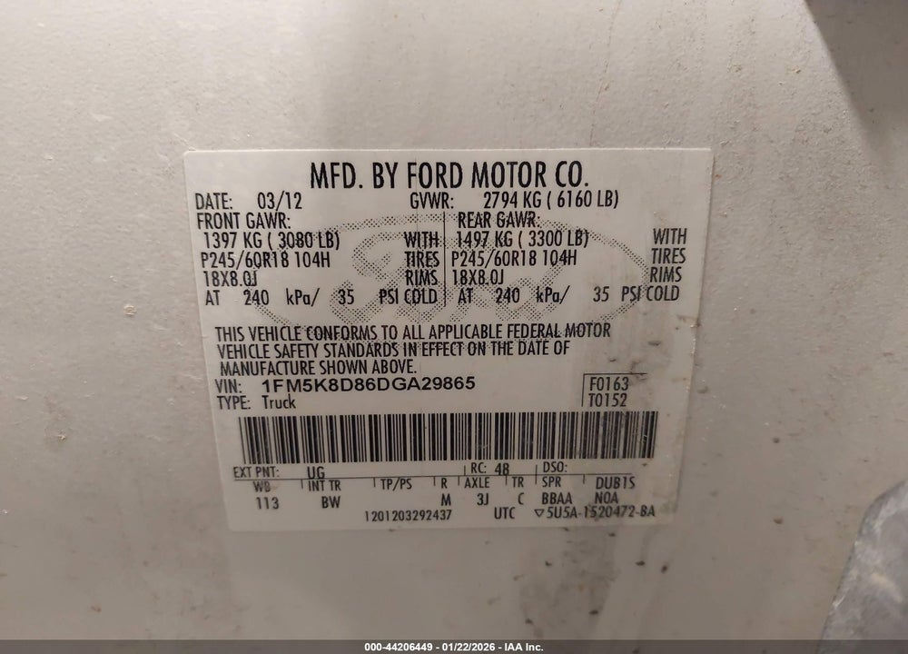 2013 FORD EXPLORER XLT VIN: 1FM5K8D86DGA29865
