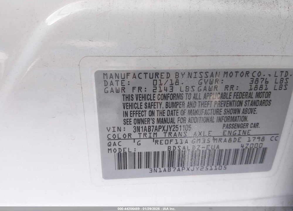 2018 NISSAN SENTRA SV VIN: 3N1AB7APXJY251105