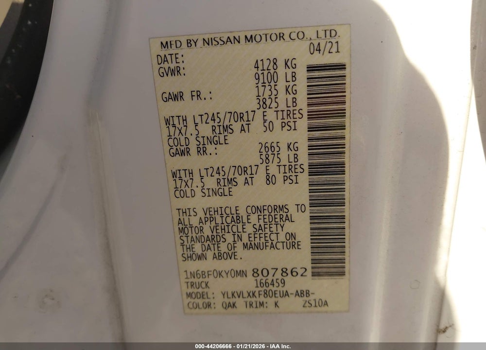 2021 NISSAN NV CARGO NV2500 HD SV STANDARD ROOF V6 VIN: 1N6BF0KY0MN807862