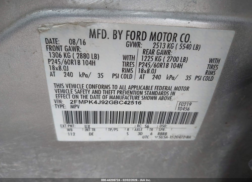 2016 FORD EDGE SEL VIN: 2FMPK4J92GBC42516