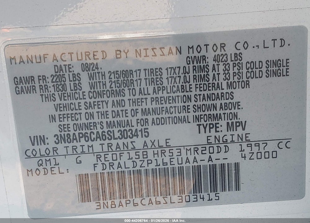 2025 NISSAN KICKS SV FWD VIN: 3N8AP6CA6SL303415