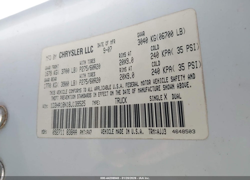 2008 DODGE RAM 1500 SLT VIN: 1D3HA18N18J139525