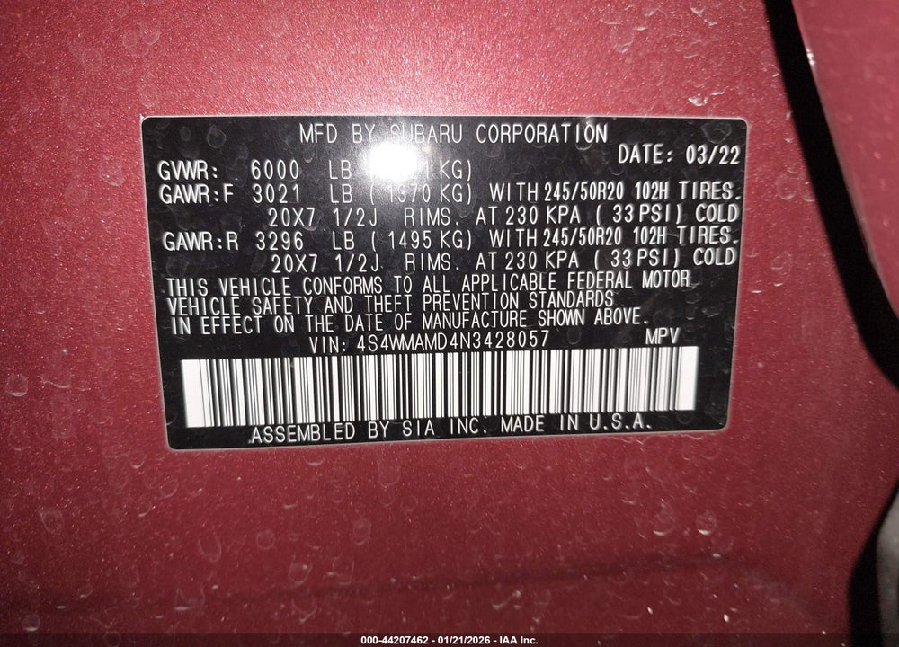 2022 SUBARU ASCENT LIMITED VIN: 4S4WMAMD4N3428057