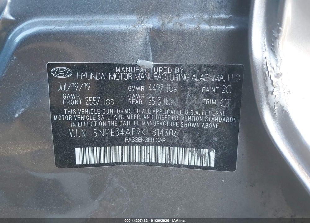 2019 HYUNDAI SONATA SEL VIN: 5NPE34AF9KH814306