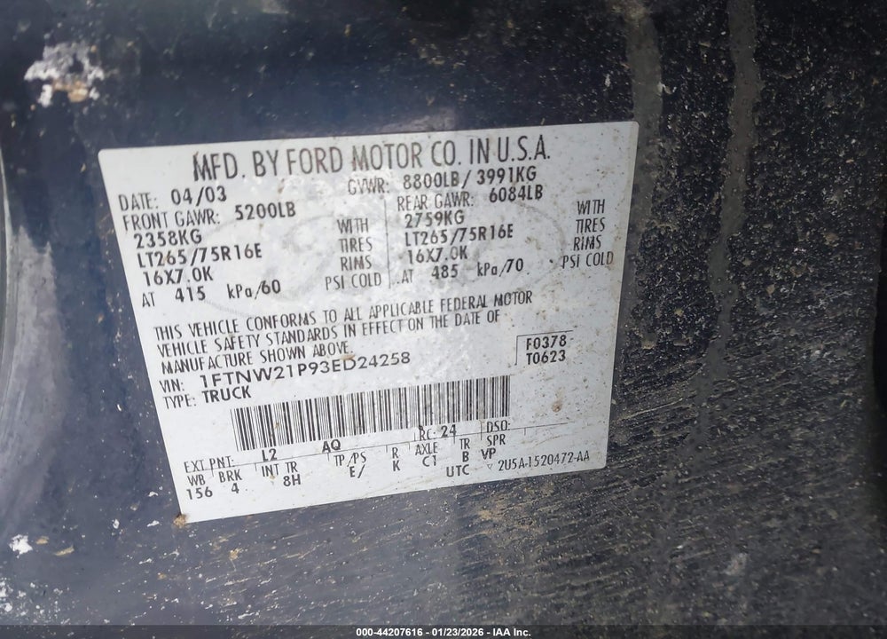 2003 FORD F-250 VIN: 1FTNW21P93ED24258