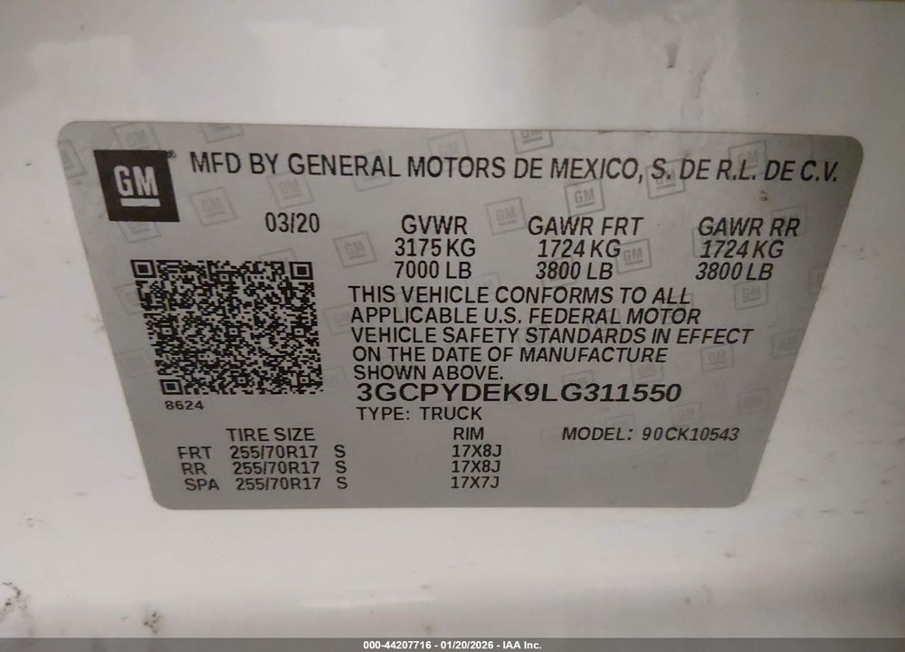 2020 CHEVROLET SILVERADO 1500 4WD  SHORT BED LT VIN: 3GCPYDEK9LG311550
