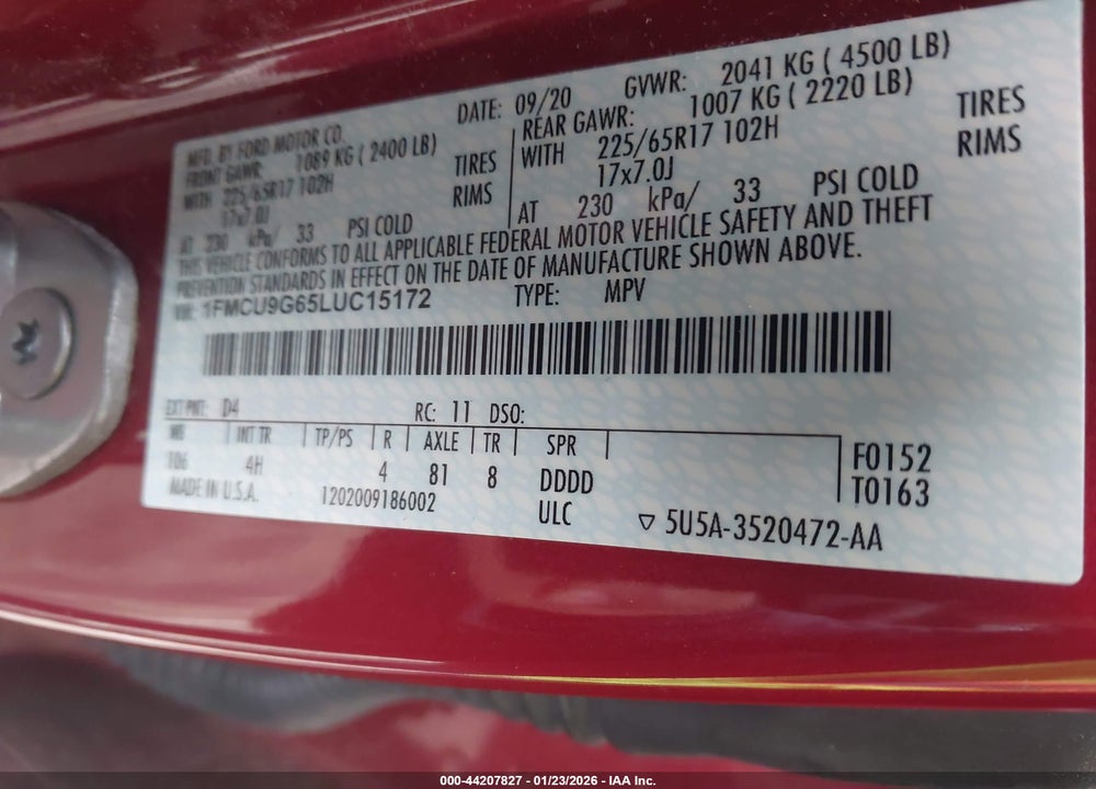 2020 FORD ESCAPE SE VIN: 1FMCU9G65LUC15172