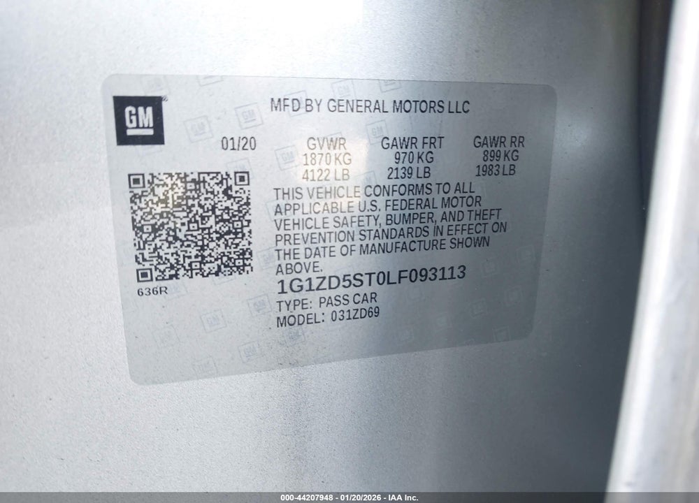 2020 CHEVROLET MALIBU VIN: 1G1ZD5ST0LF093113