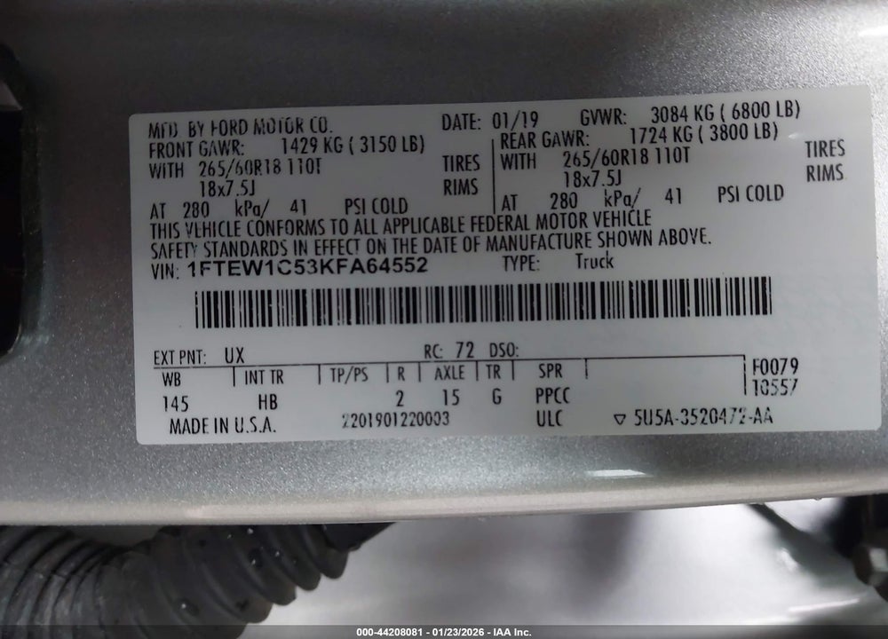 2019 FORD F-150 LARIAT VIN: 1FTEW1C53KFA64552