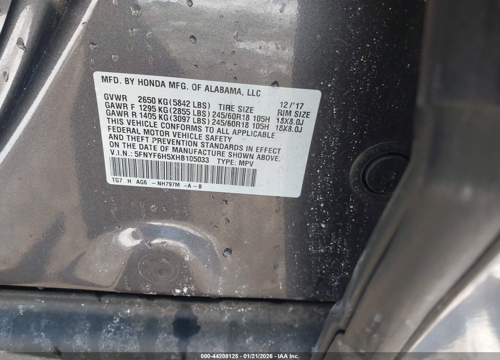 2017 HONDA PILOT EX-L VIN: 5FNYF6H5XHB105033