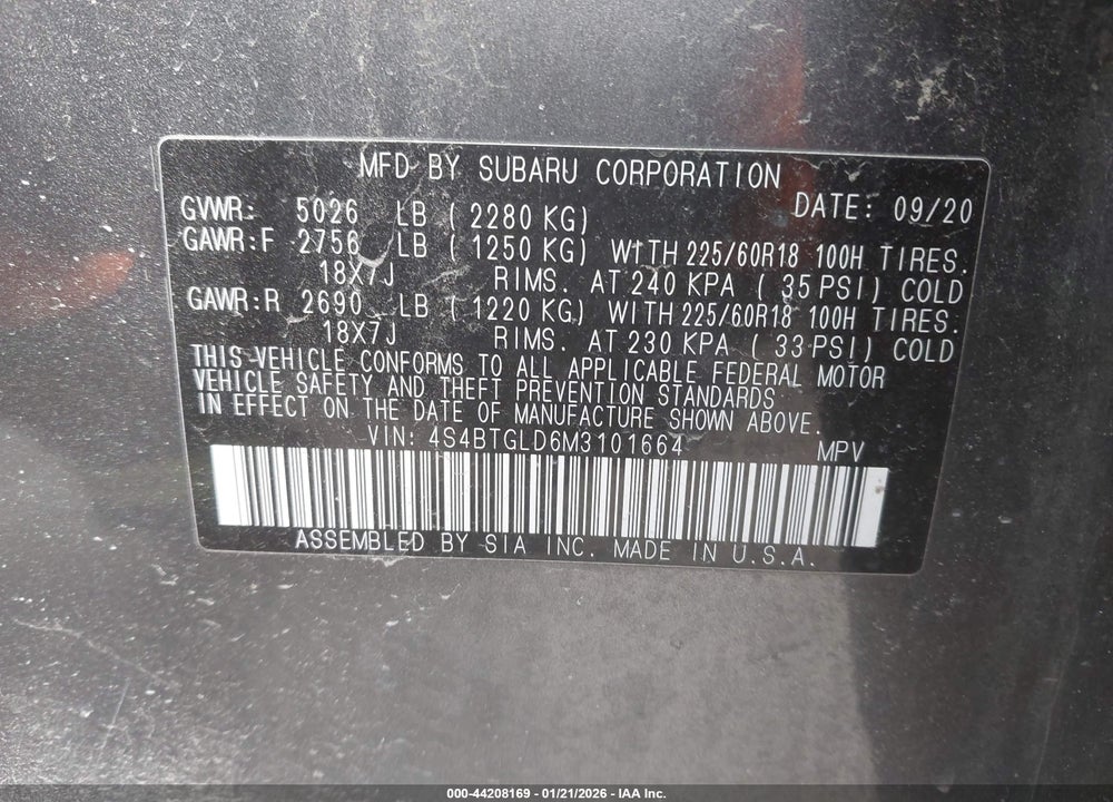 2021 SUBARU OUTBACK ONYX EDITION XT VIN: 4S4BTGLD6M3101664