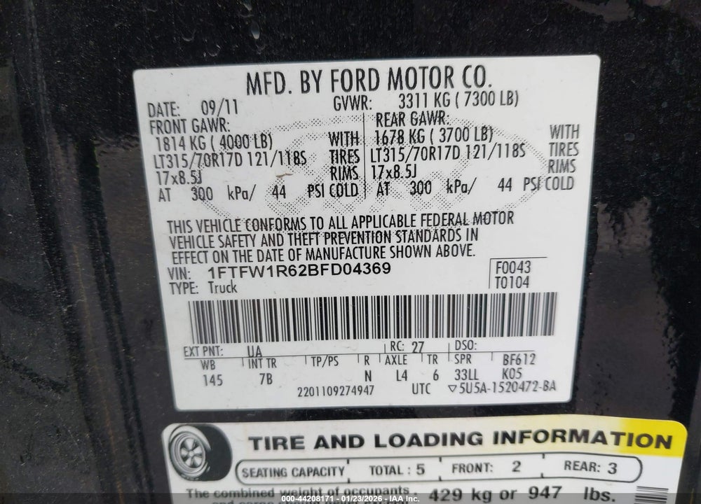 2011 FORD F-150 SVT RAPTOR VIN: 1FTFW1R62BFD04369