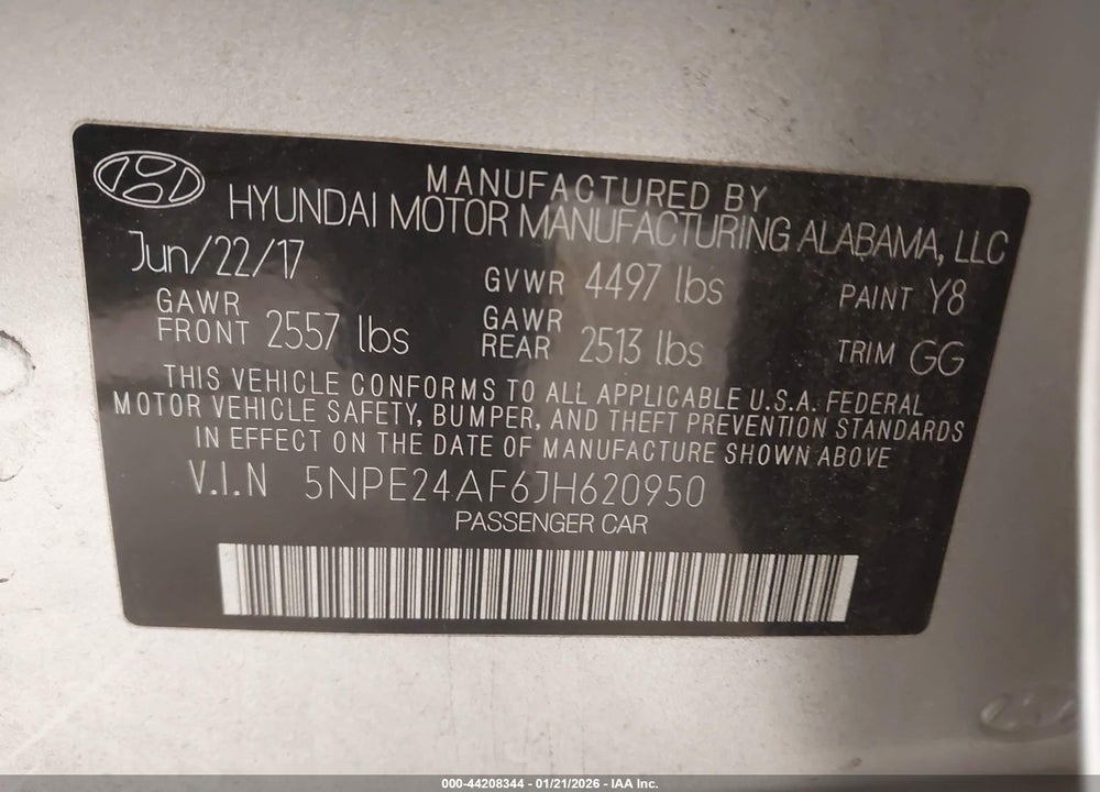2018 HYUNDAI SONATA SE VIN: 5NPE24AF6JH620950