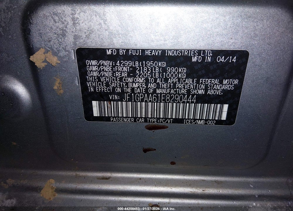 2014 SUBARU IMPREZA 2.0I VIN: JF1GPAA61E8290444