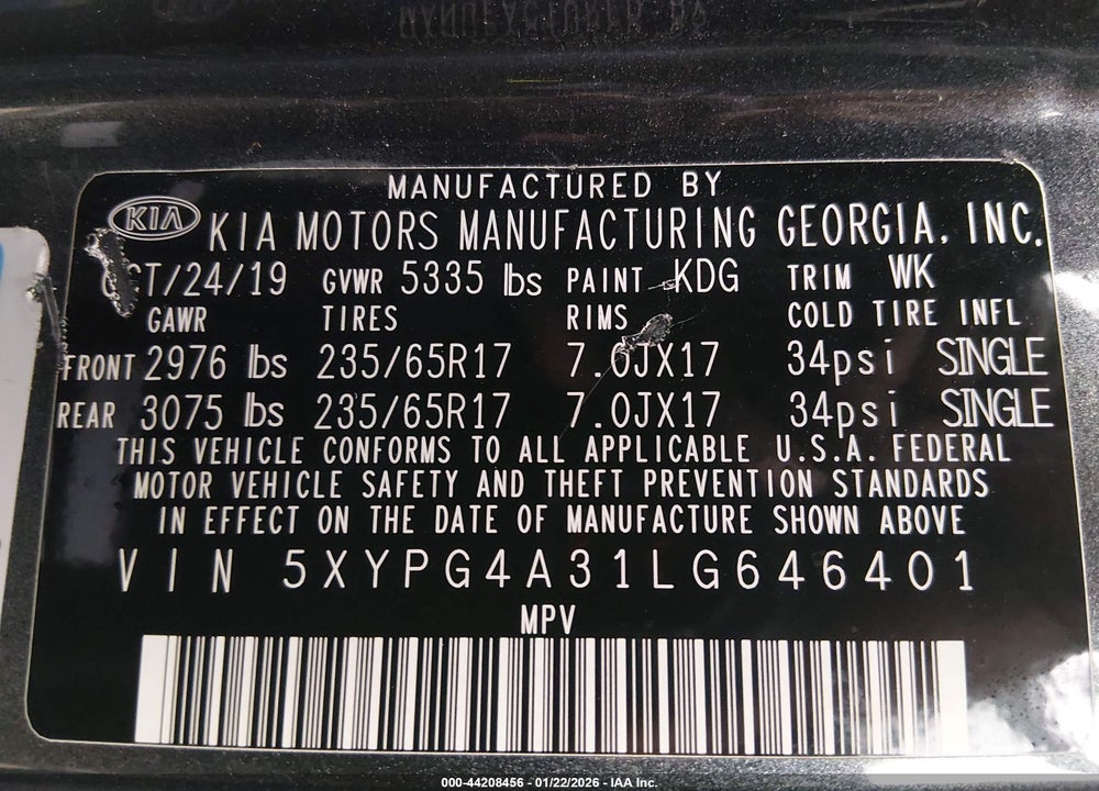 2020 KIA SORENTO 2.4L LX VIN: 5XYPG4A31LG646401