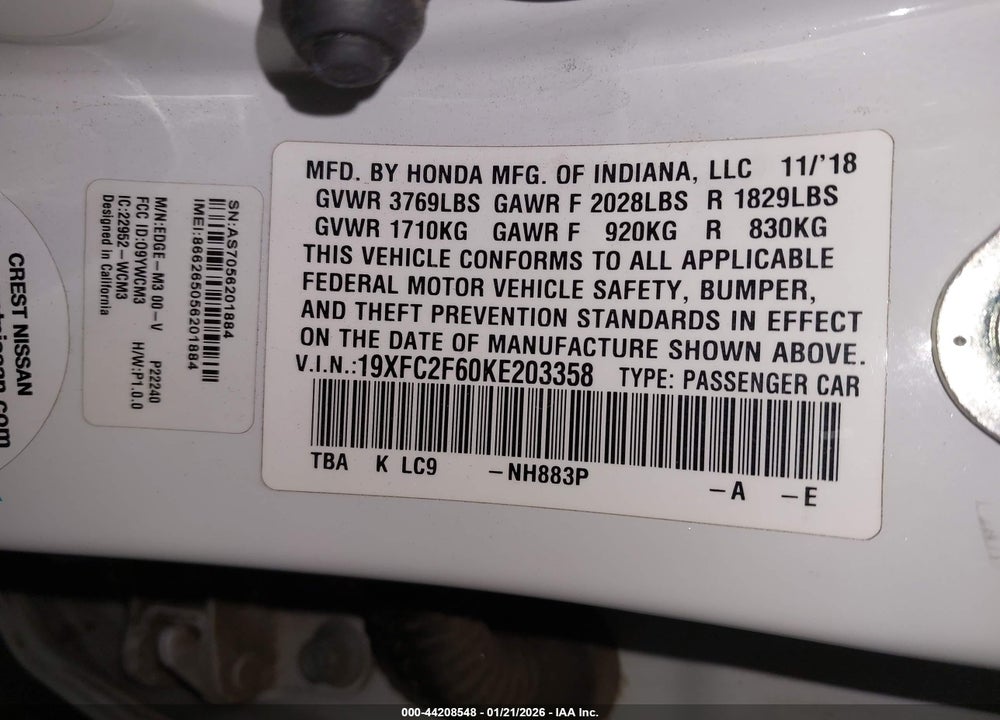 2019 HONDA CIVIC LX VIN: 19XFC2F60KE203358