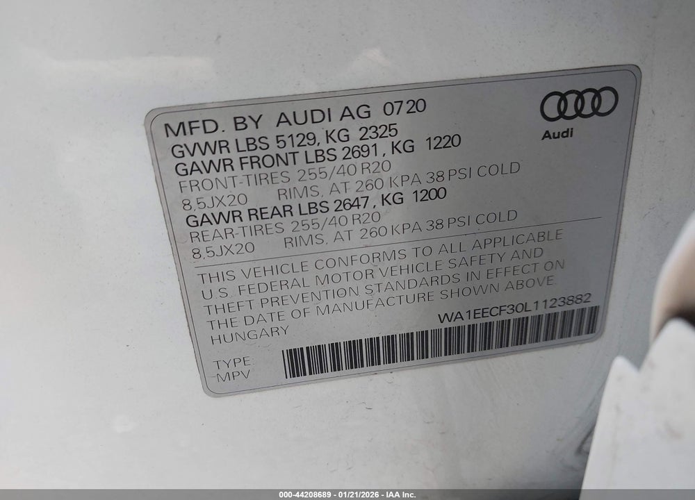 2020 AUDI Q3 PREMIUM PLUS 45 TFSI S LINE QUATTRO TIPTRONIC VIN: WA1EECF30L1123882