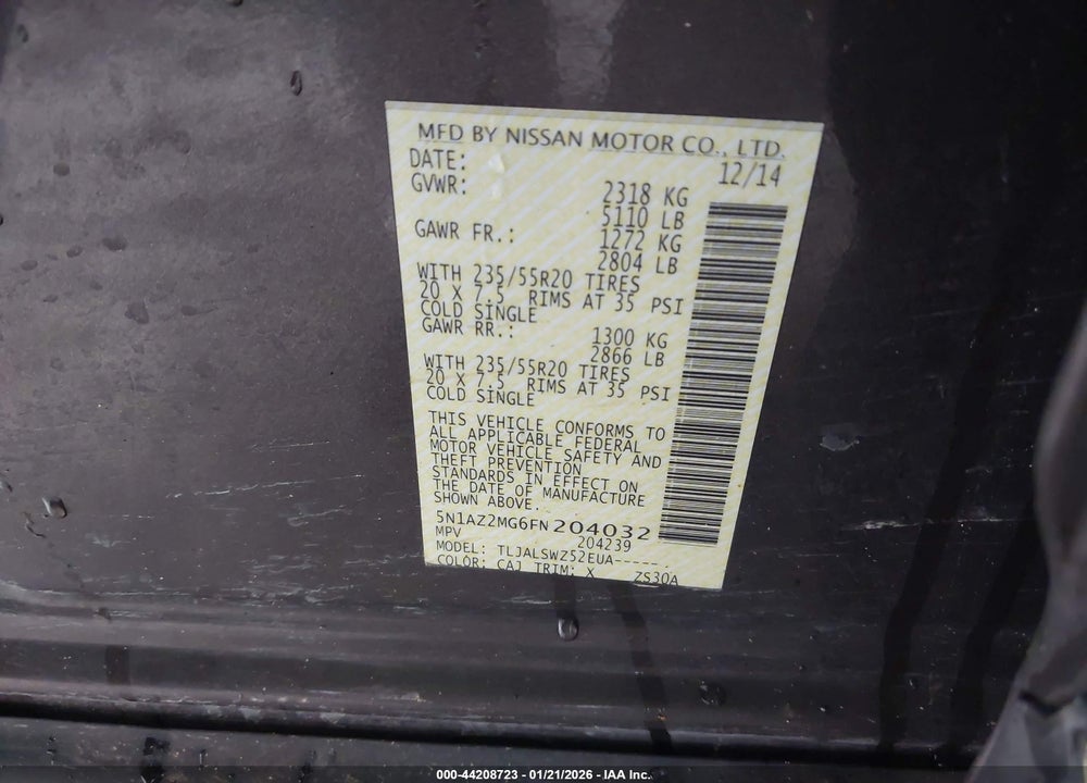 2015 NISSAN MURANO PLATINUM VIN: 5N1AZ2MG6FN204032