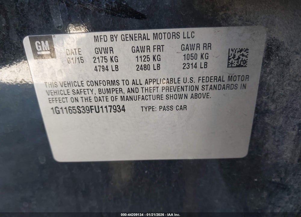 2015 CHEVROLET IMPALA 2LZ VIN: 1G1165S39FU117934