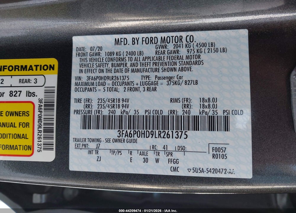 2020 FORD FUSION SE VIN: 3FA6P0HD9LR261375