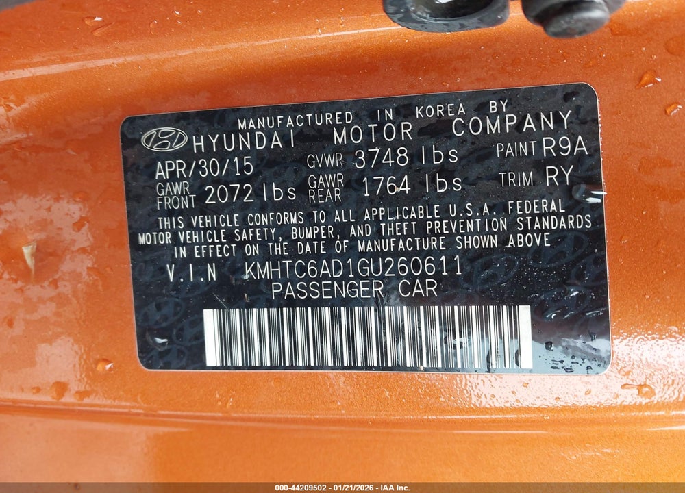 2016 HYUNDAI VELOSTER VIN: KMHTC6AD1GU260611