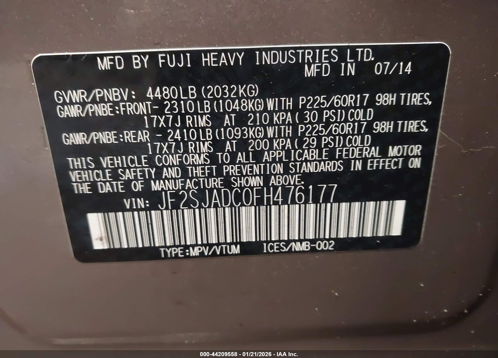 2015 SUBARU FORESTER 2.5I PREMIUM VIN: JF2SJADC0FH476177