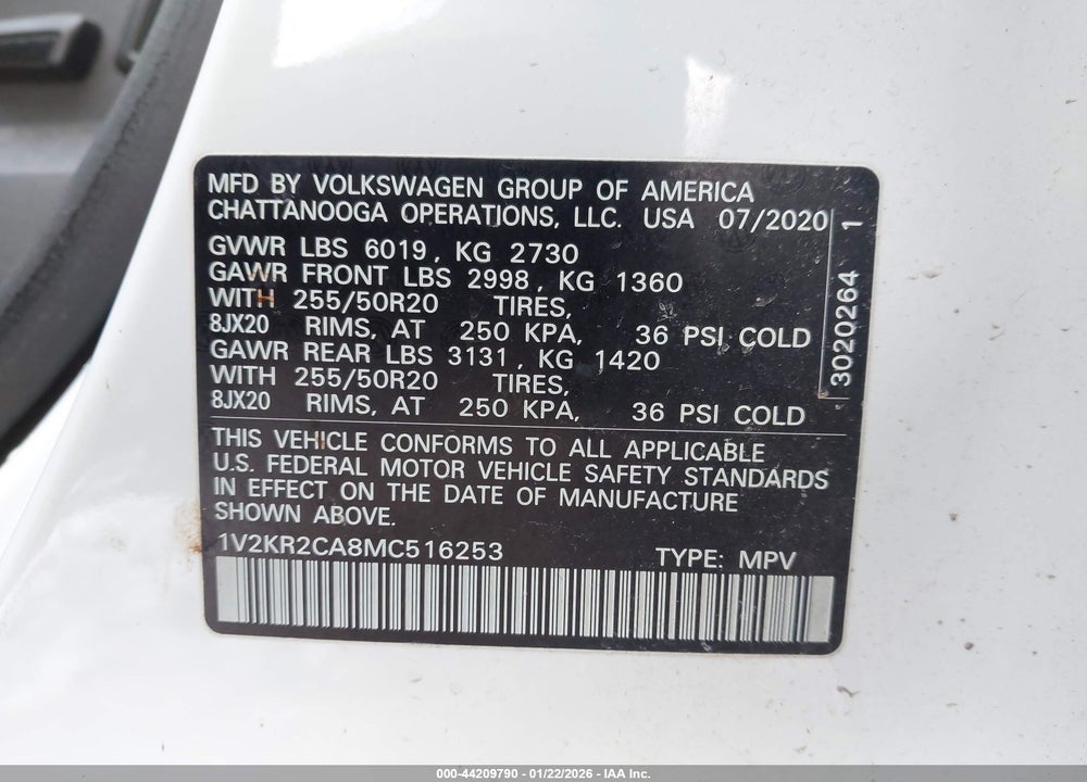 2021 VOLKSWAGEN ATLAS 3.6L V6 SE W/TECHNOLOGY VIN: 1V2KR2CA8MC516253